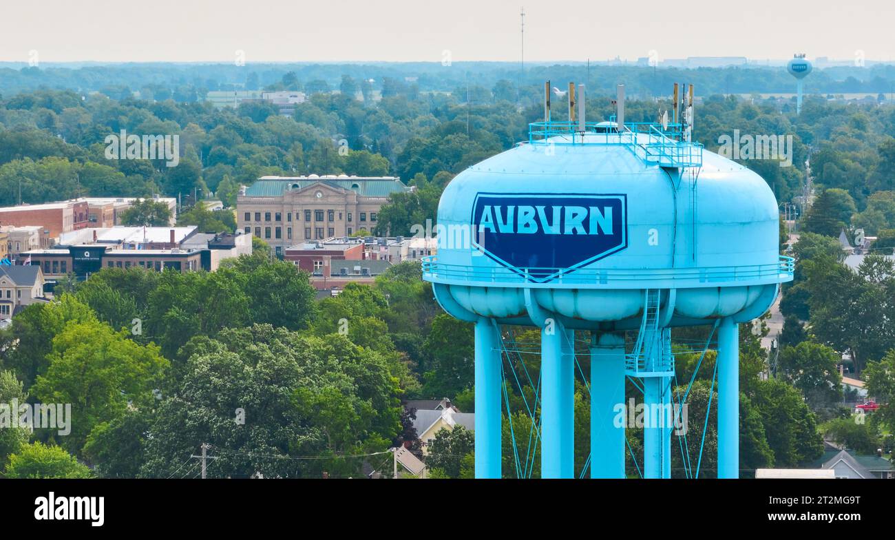 Bright blue Auburn water tower zoomed in aerial with courthouse and second  Auburn water tower Stock Photo - Alamy, image size:1300x784
