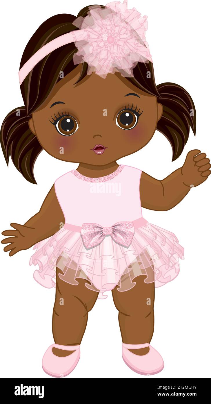 Vector Cute Little African American Baby Girl in Pink Ruffle Dress