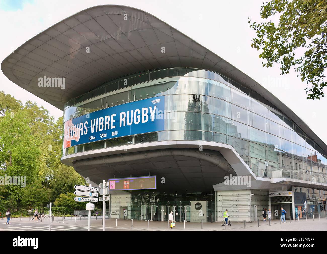 Enormous sign Tours Vibre Rugby for the Rugby World Cup 2023 tournament on the facade of the Vinci - International Congress Center Tours France Stock Photo