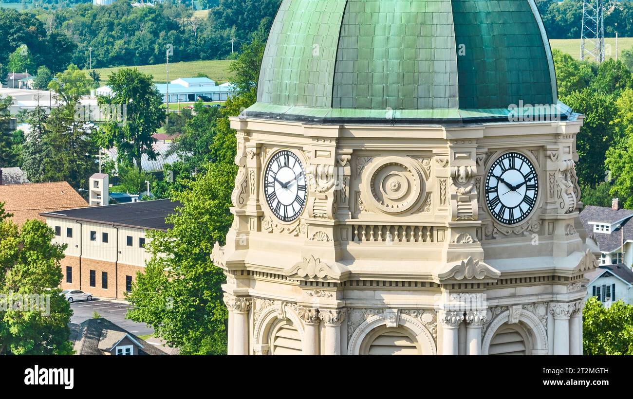 Close up aerial of Columbia City courthouse clock tower with dome Stock