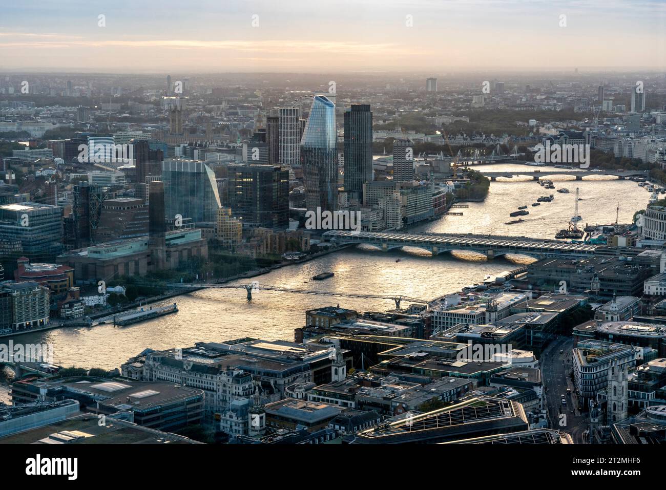 An Aerial View Of The River Thames From The Lookout Viewing Platform at No 8 Bishopsgate, City of London, London, UK. Stock Photo