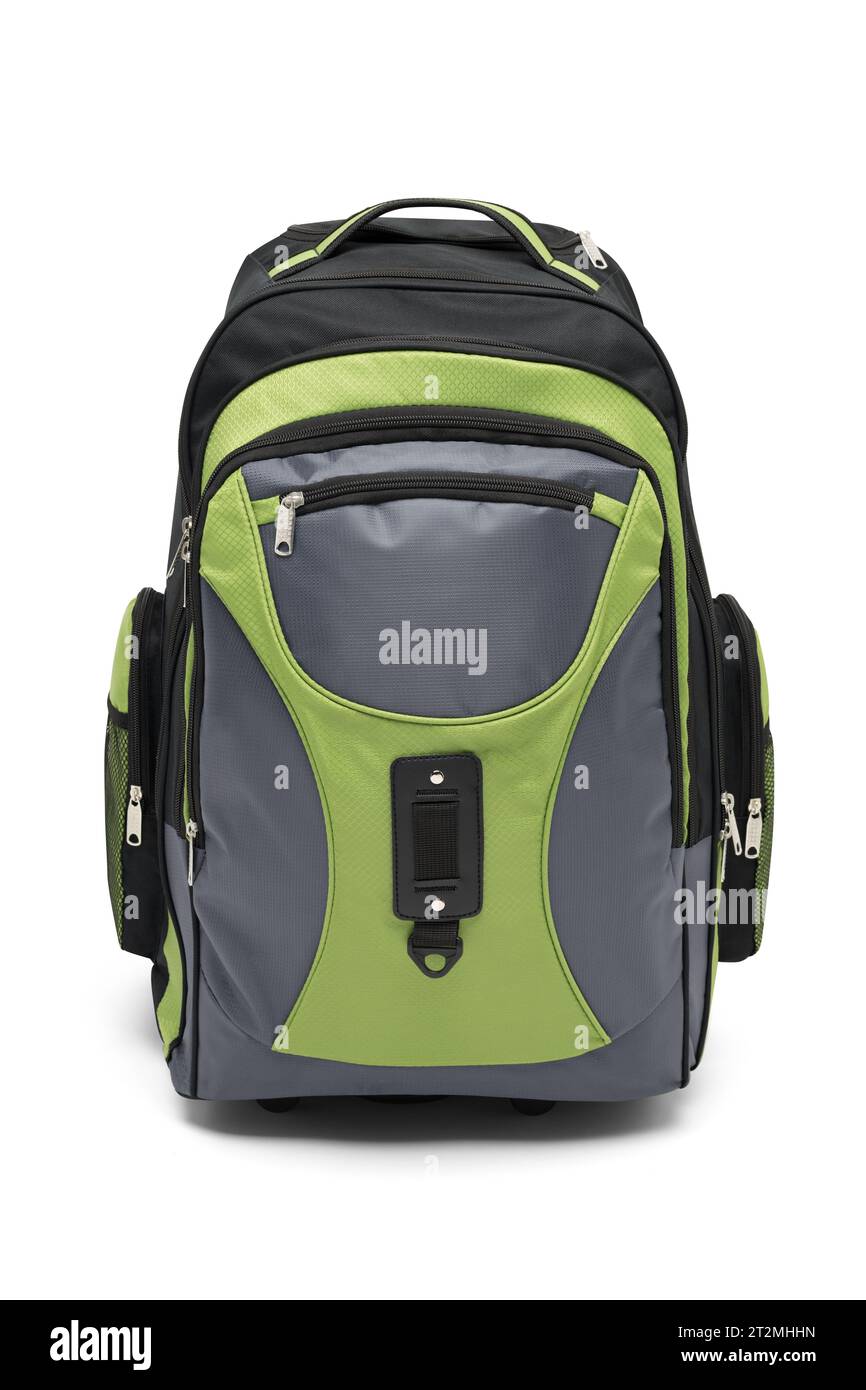rolling green backpack isolated on white background. travel daypack