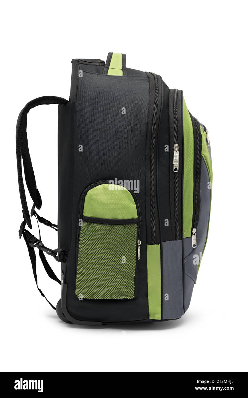 rolling green backpack isolated on white background. travel daypack