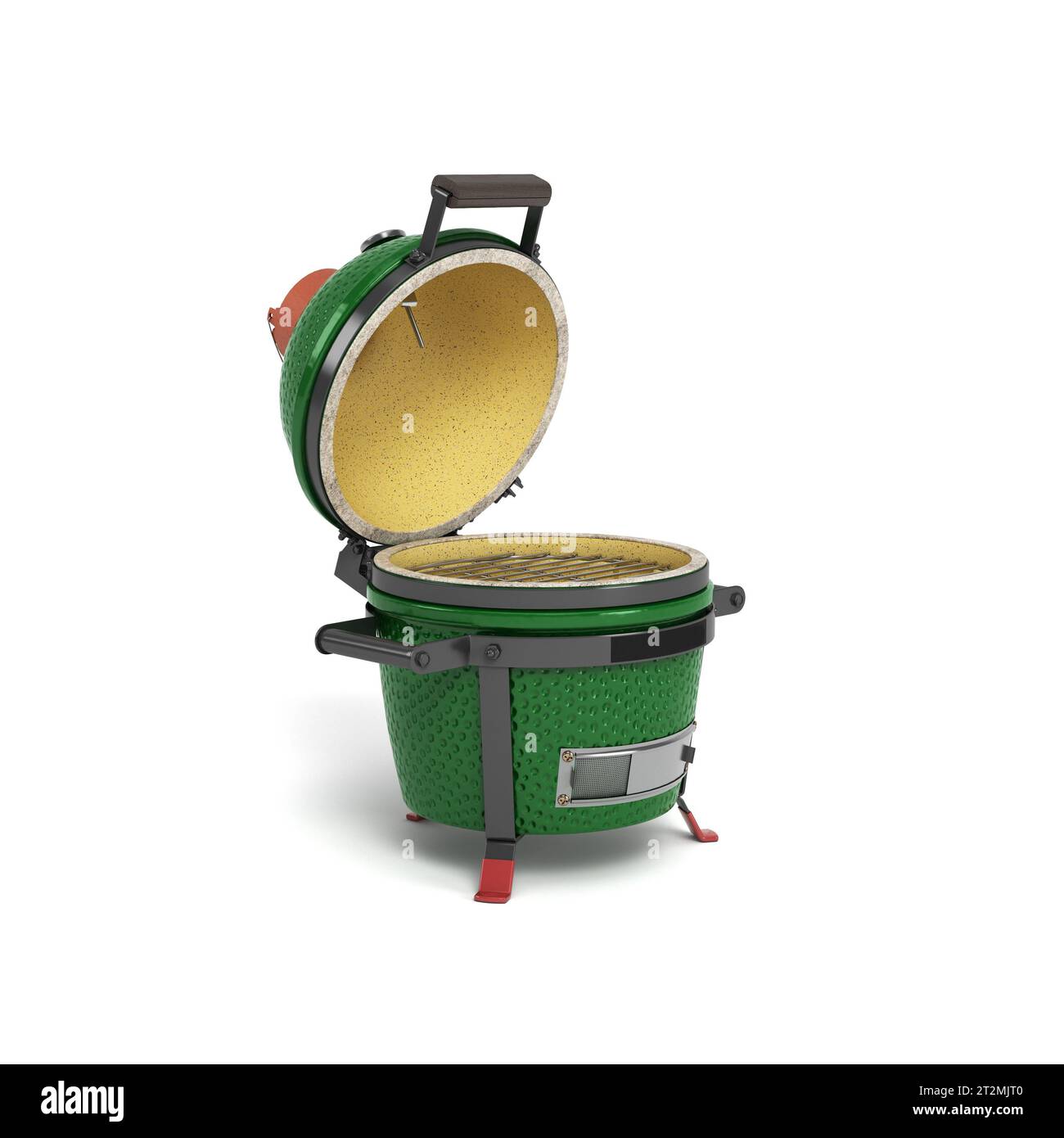Small barbecue green color BBQ grill with open lid for outdoor prepare