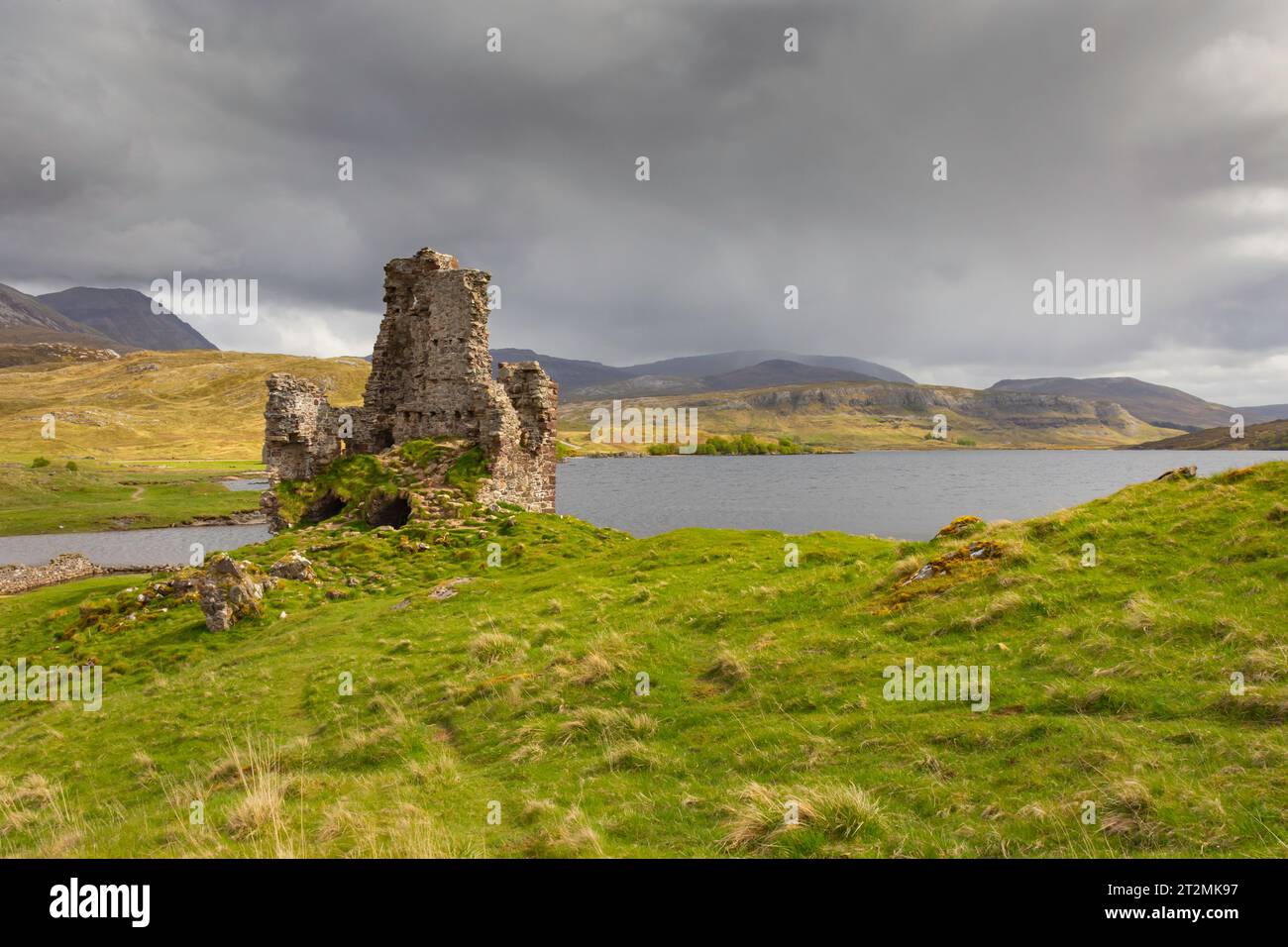 Ardvreck Castle on a promontory in Loch Assynt, Lairg, Scotland Stock Photo