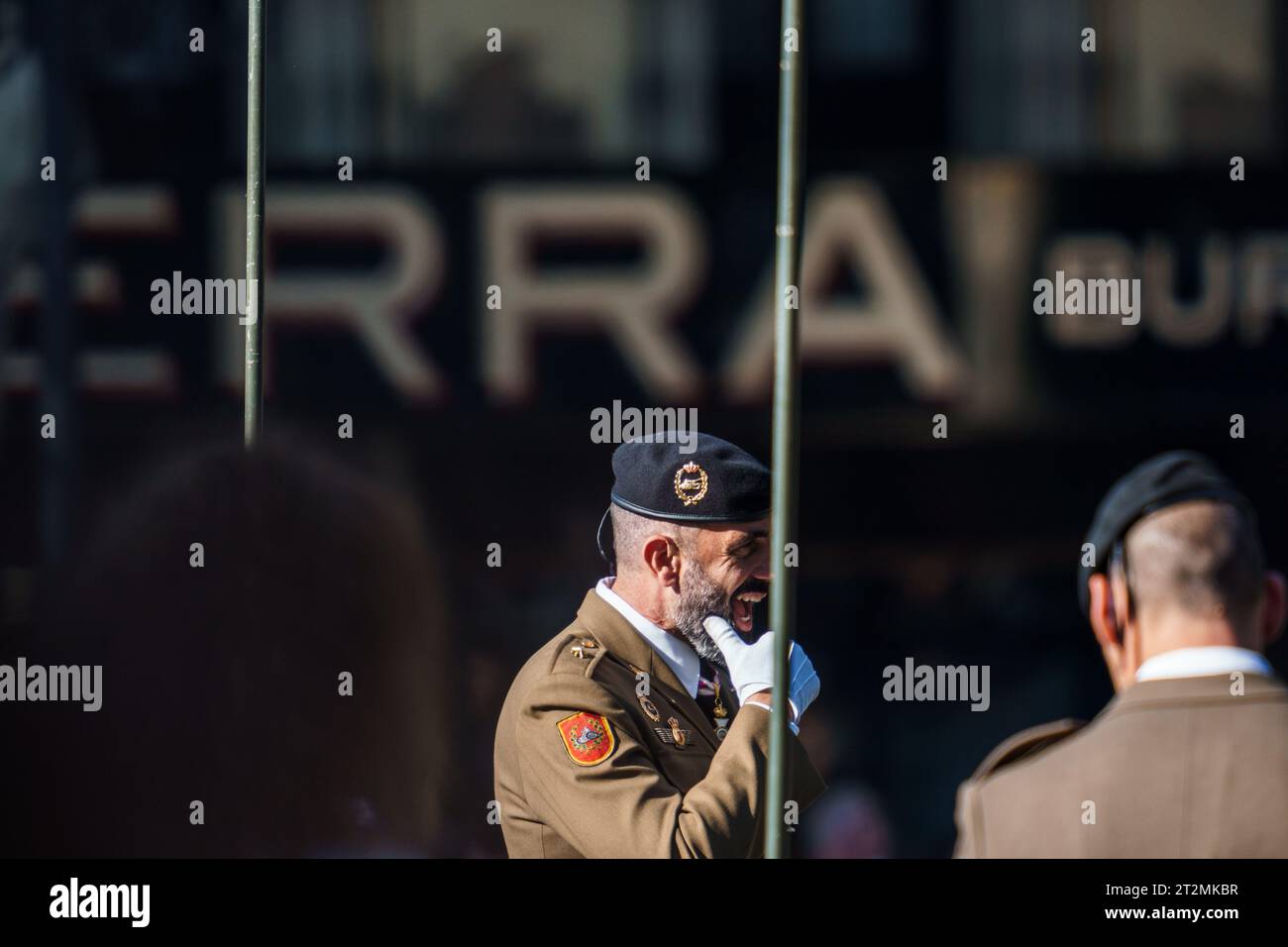 Madrid, Spain - October 12, 2023: Officer of the Army with beret during the parade of the armed forces on the day of the Spanish National Holiday. Stock Photo