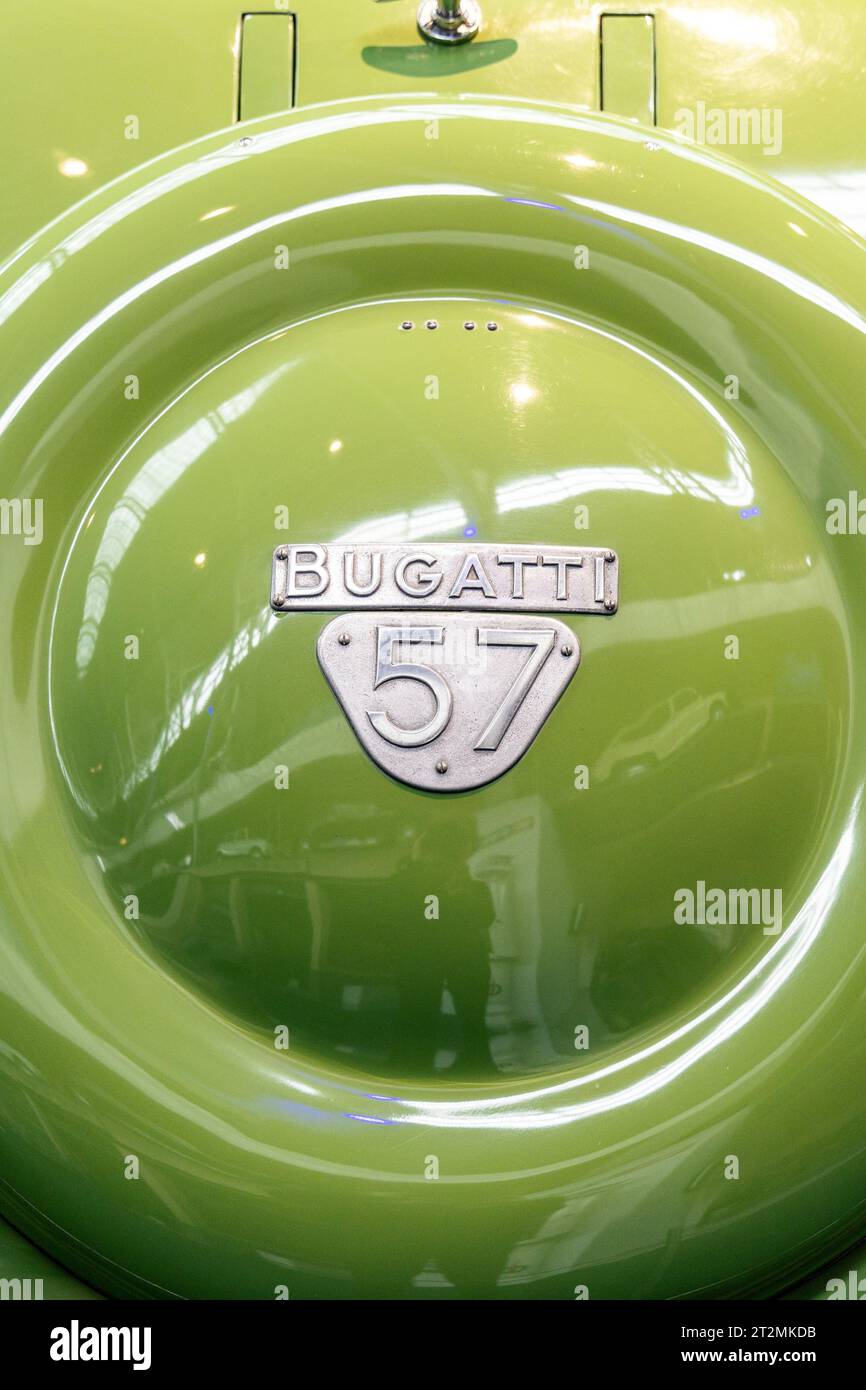Green spare tyre cover of the 1938 Bugatti Type 57C Special Coupé, Autoworld museum, Brussels, Belgium Stock Photo