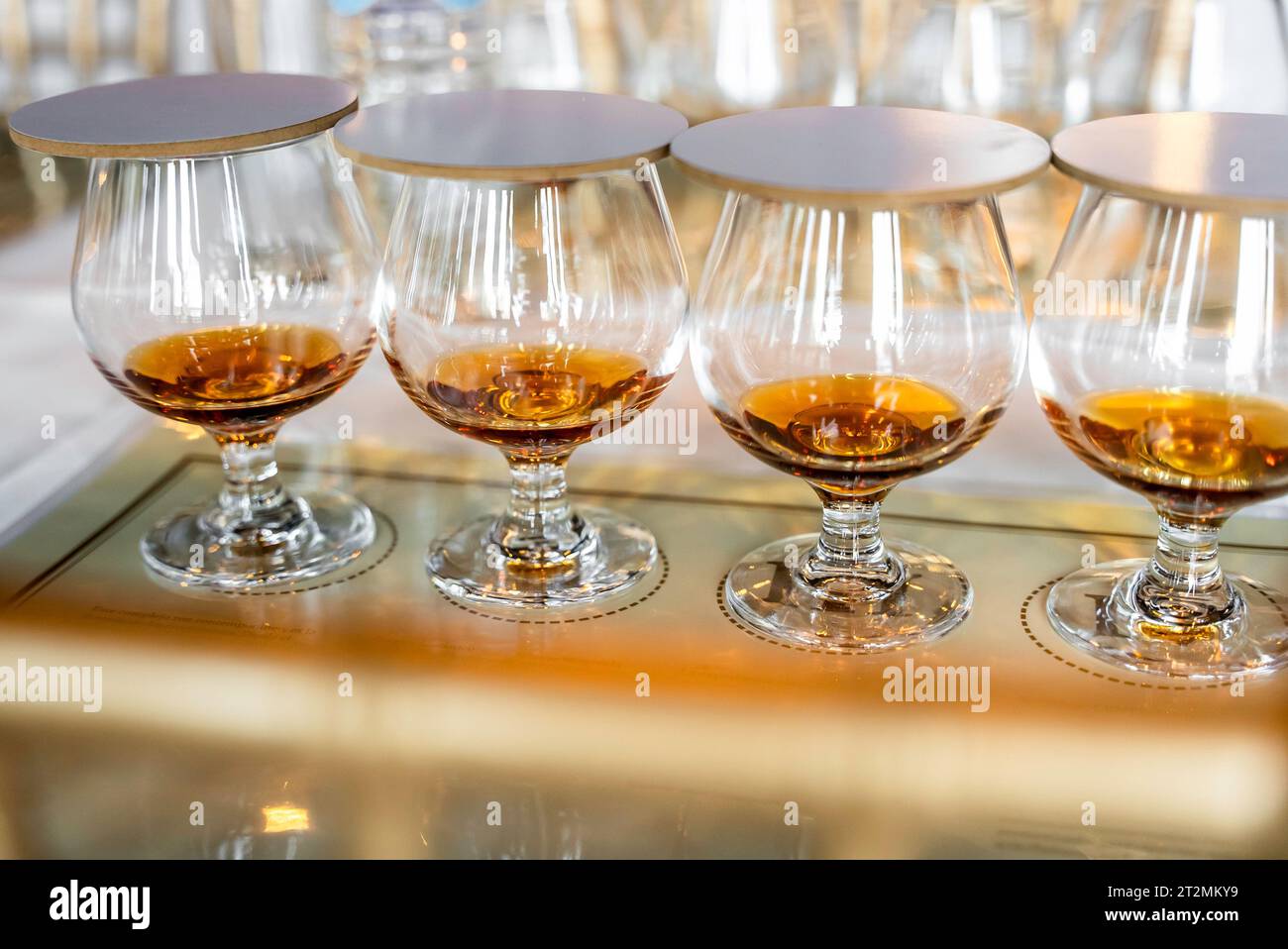 Close up of row transparent covered drinking glasses with rum on the tasting placemats. Event for connoisseurs of blended old aged liquors Stock Photo