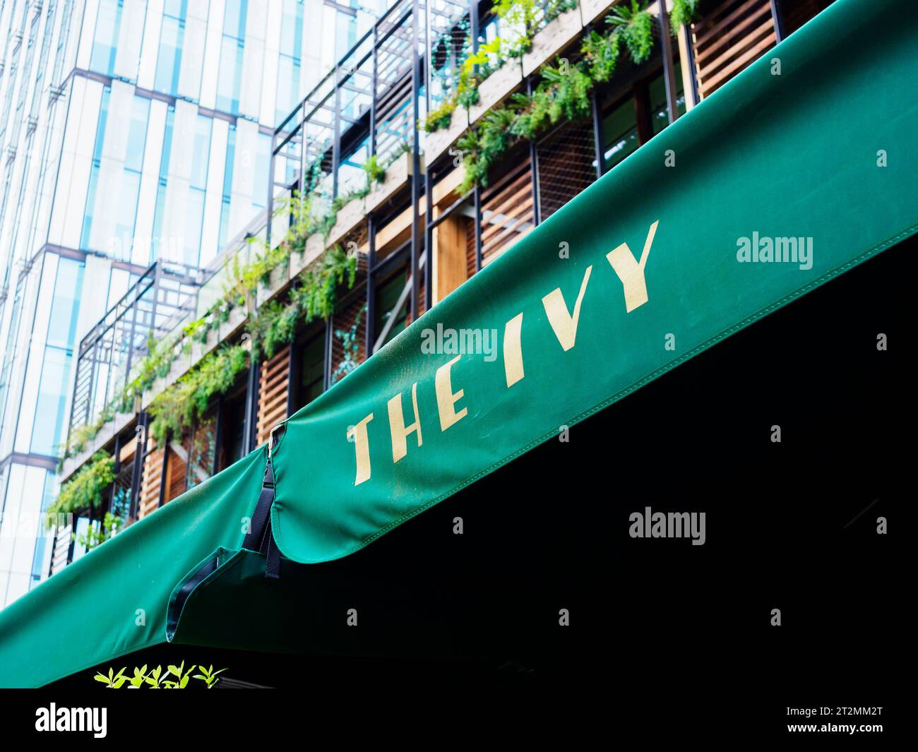 Manchester UK October 19 2023, The Ivy restaurant Manchester green canopy over outside seating area of the famous eating establishment. Stock Photo