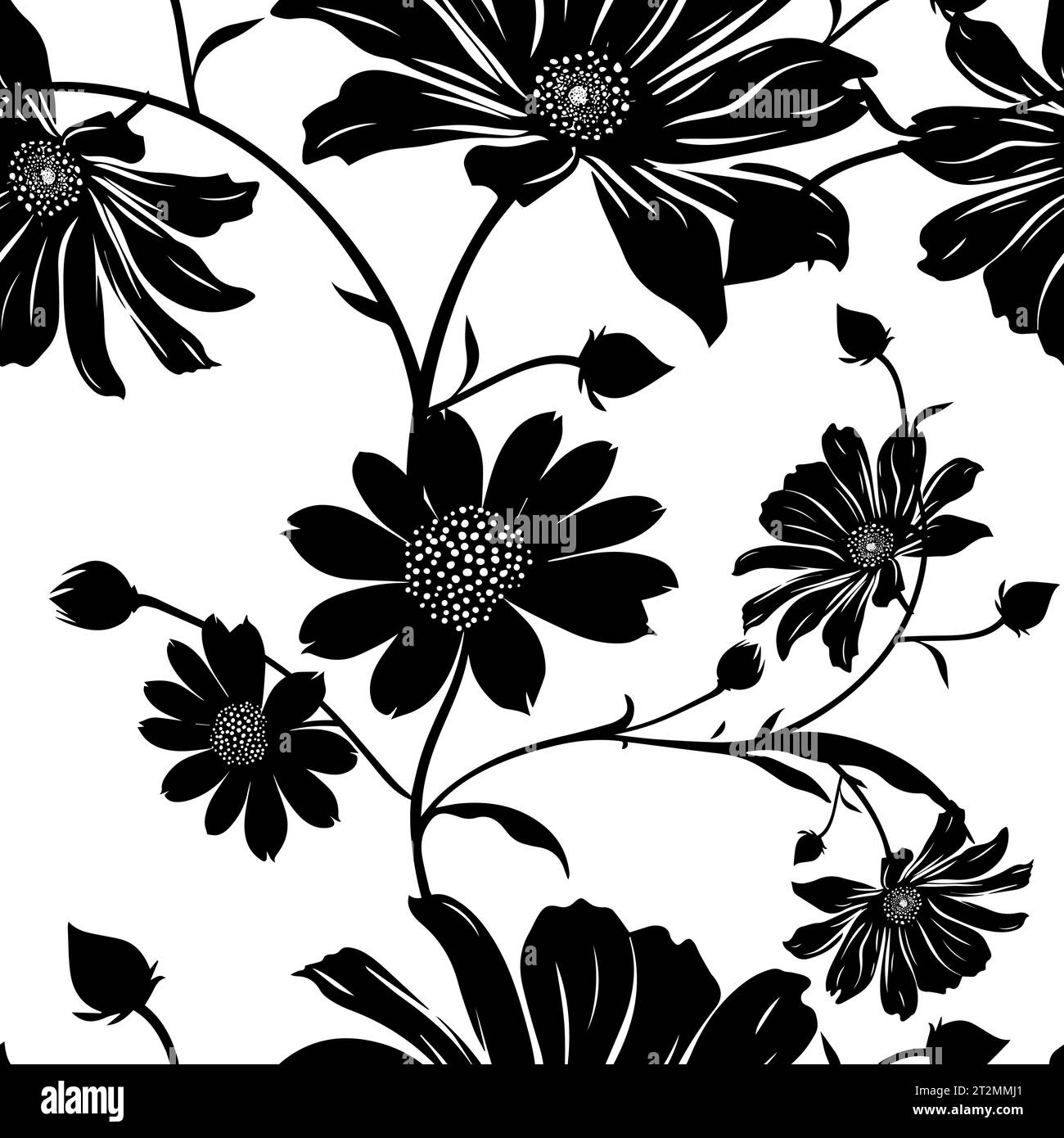 Monochrome seamless floral background. Black flowers on a white ...