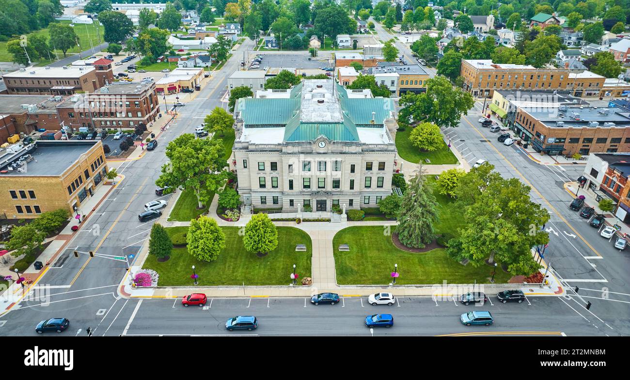 Aerial entrance of Auburn courthouse with view of downtown buildings