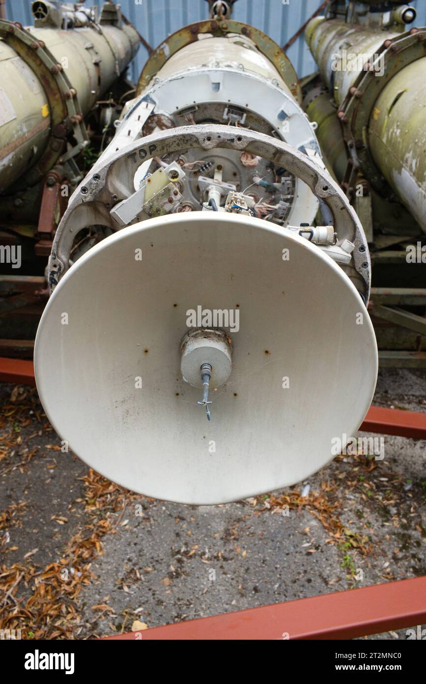 Looking down from the front at a missile in pieces Stock Photo
