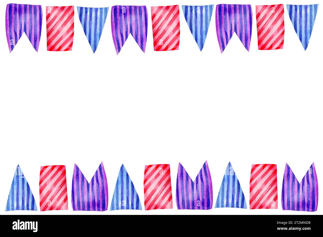 Watercolor horizontal frame with different striped flags, hand drawn illustration of garland of blue, magenta, purple flags isolated on white backgrou Stock Photo
