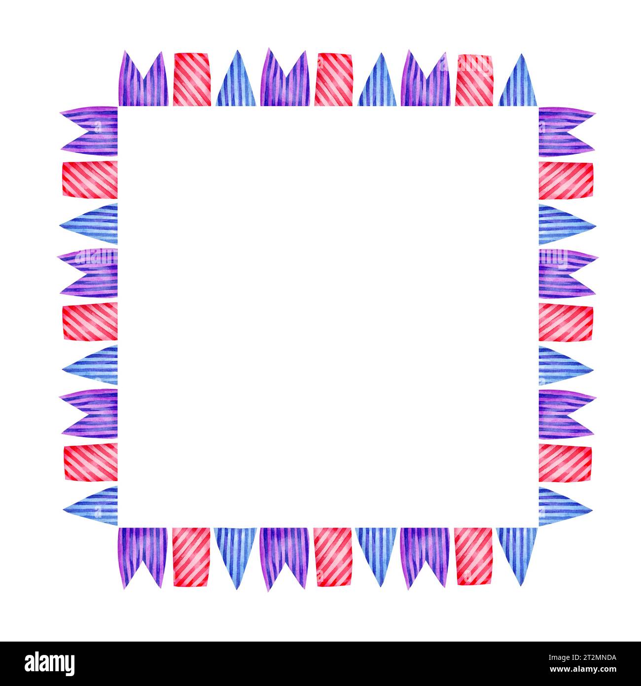 Watercolor square frame with different striped flags, hand drawn illustration of garland of blue, magenta, purple flags isolated on white background. Stock Photo