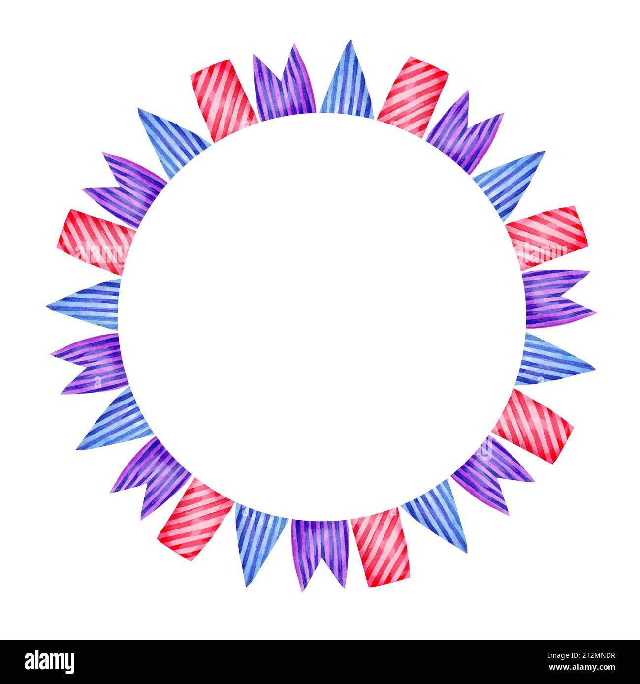 Watercolor round frame with different striped flags, hand drawn illustration of garland of blue, magenta, purple flags isolated on white background. D Stock Photo