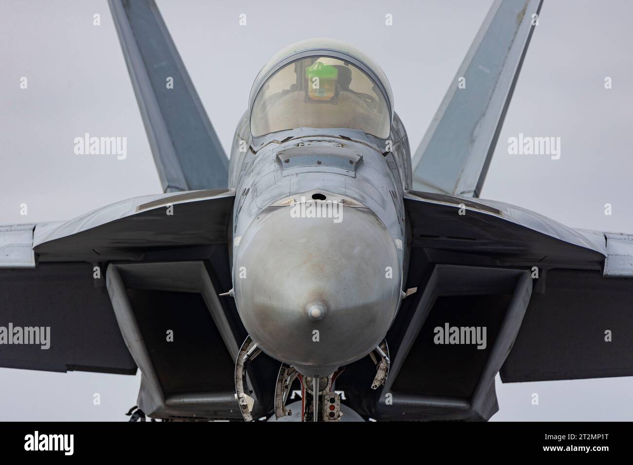 San Diego, United States. 18th Oct, 2023. A U.S. Navy F/A-18F Super Hornet fighter aircraft, with the Black Aces of Strike Fighter Squadron 41 prepares to launch from the flight deck of the Nimitz-class aircraft carrier USS Abraham Lincoln operating on the Pacific Ocean, October 18, 2023 off the coast of San Diego, California. Credit: MC2 Clayton Wren/U.S. Navy/Alamy Live News Stock Photo