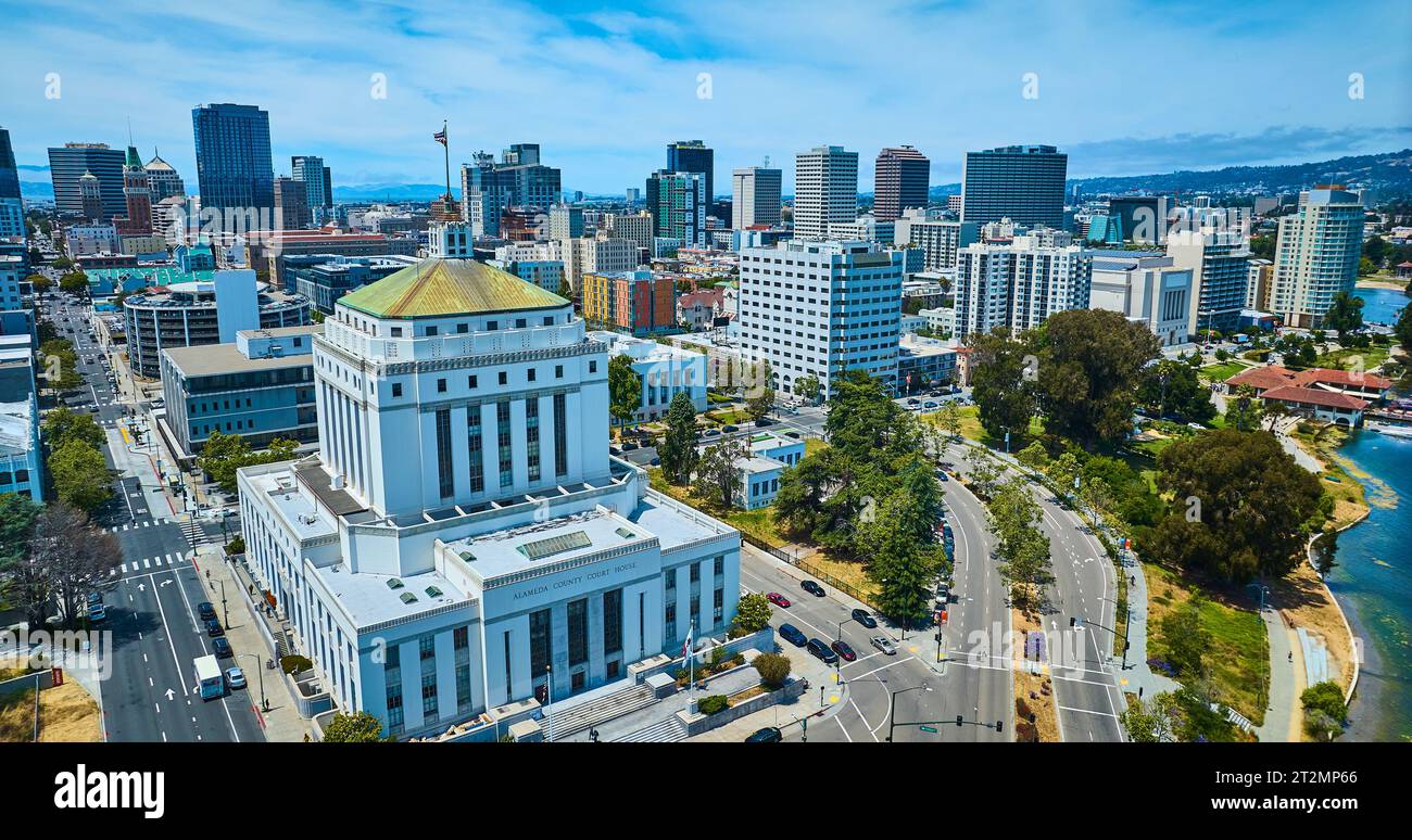 Alameda County Superior Courthouse aerial with view of Oakland city Stock Photo