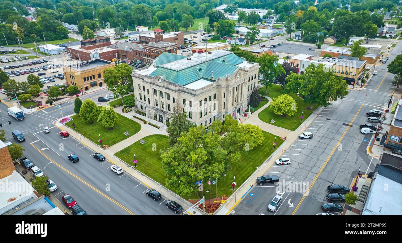 Downtown Auburn courthouse aerial view with city buildings Stock Photo