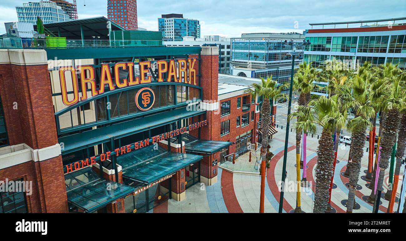 Aerial Oracle Park Home of the San Francisco Giants sign and entrance ...