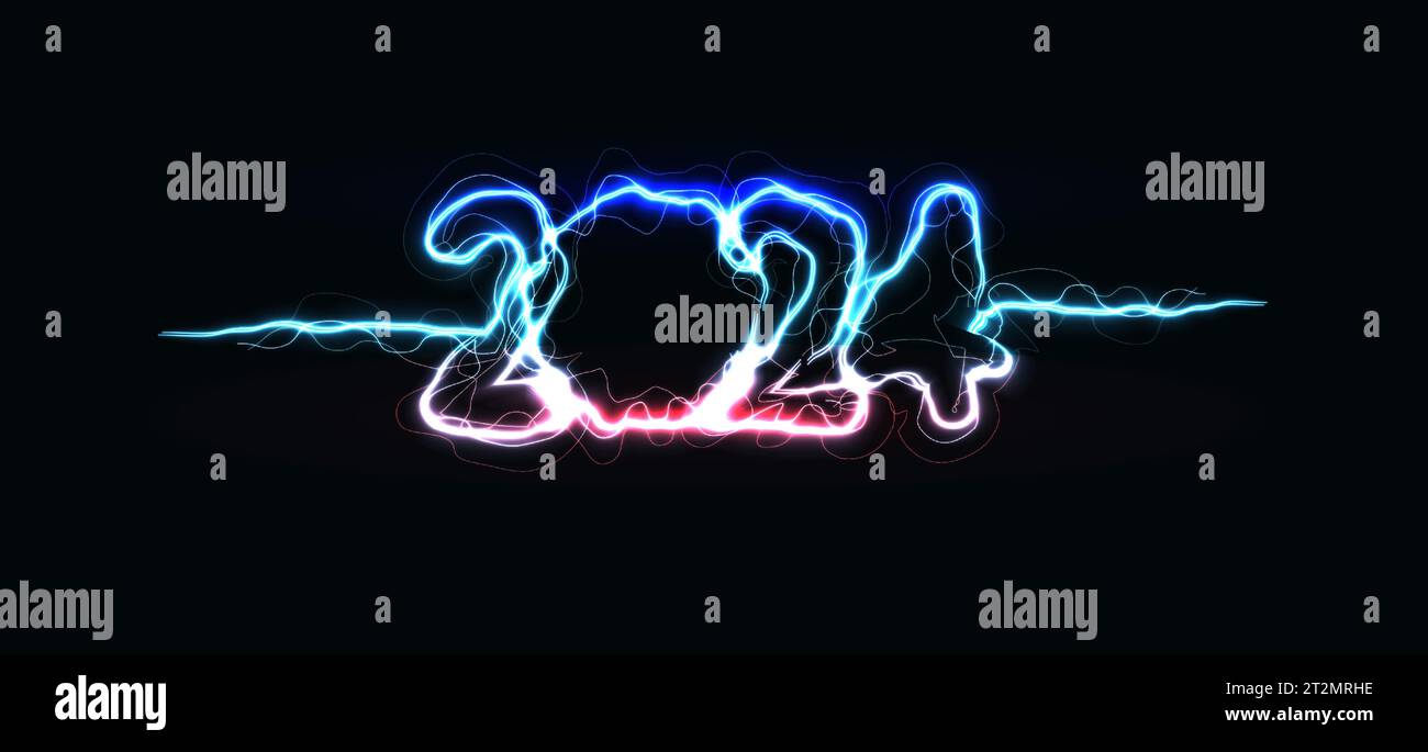 Neon digits for New Year on a dark sky-blue backdrop radiate energy and drama. Perfect for stormy party posters, and powerful thunderstorm-themed Stock Vector