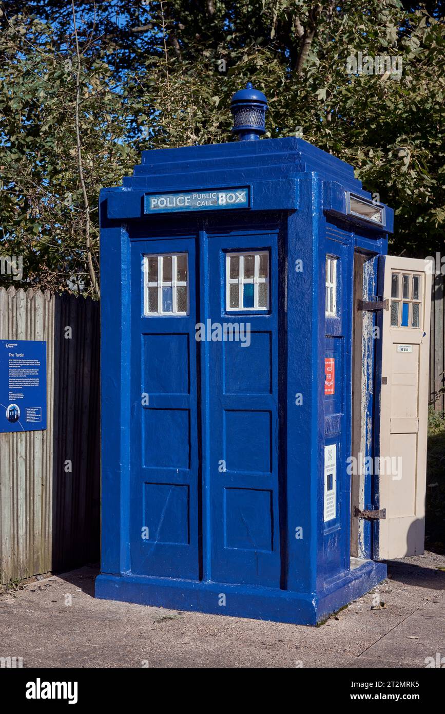 Vintage police telephone box nicknamed 'Tardis' after the 1960s Dr Who TV series  . England. UK Stock Photo