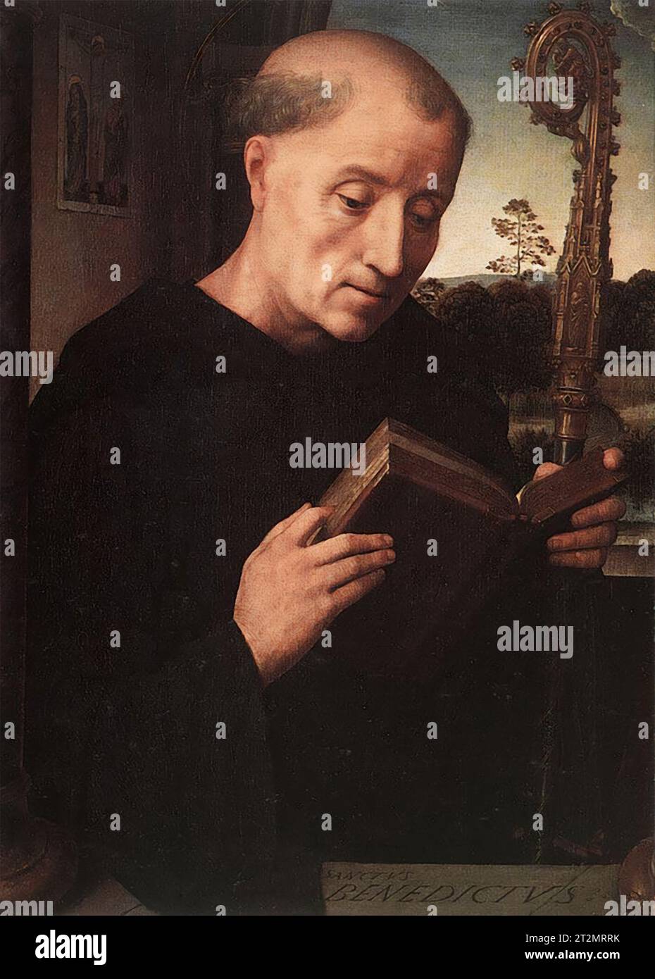Benedict of Nursia. Portrait of Saint Benedict as depicted in the Benedetto Portinari Triptych, by Hans Memling, oil on panel, 1487 Stock Photo