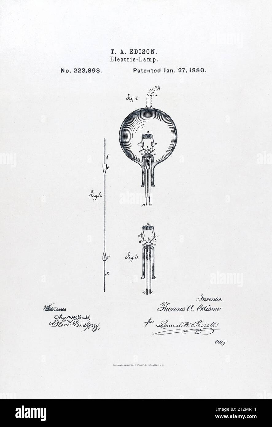 Thomas Edison Electric Lightbulb. US Patent application for Thomas Edison's Electric Lamp, January 1880 Stock Photo