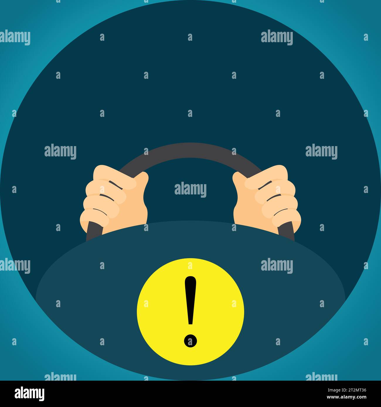 Driving school logo. Steering wheel with hands and exclamation mark in