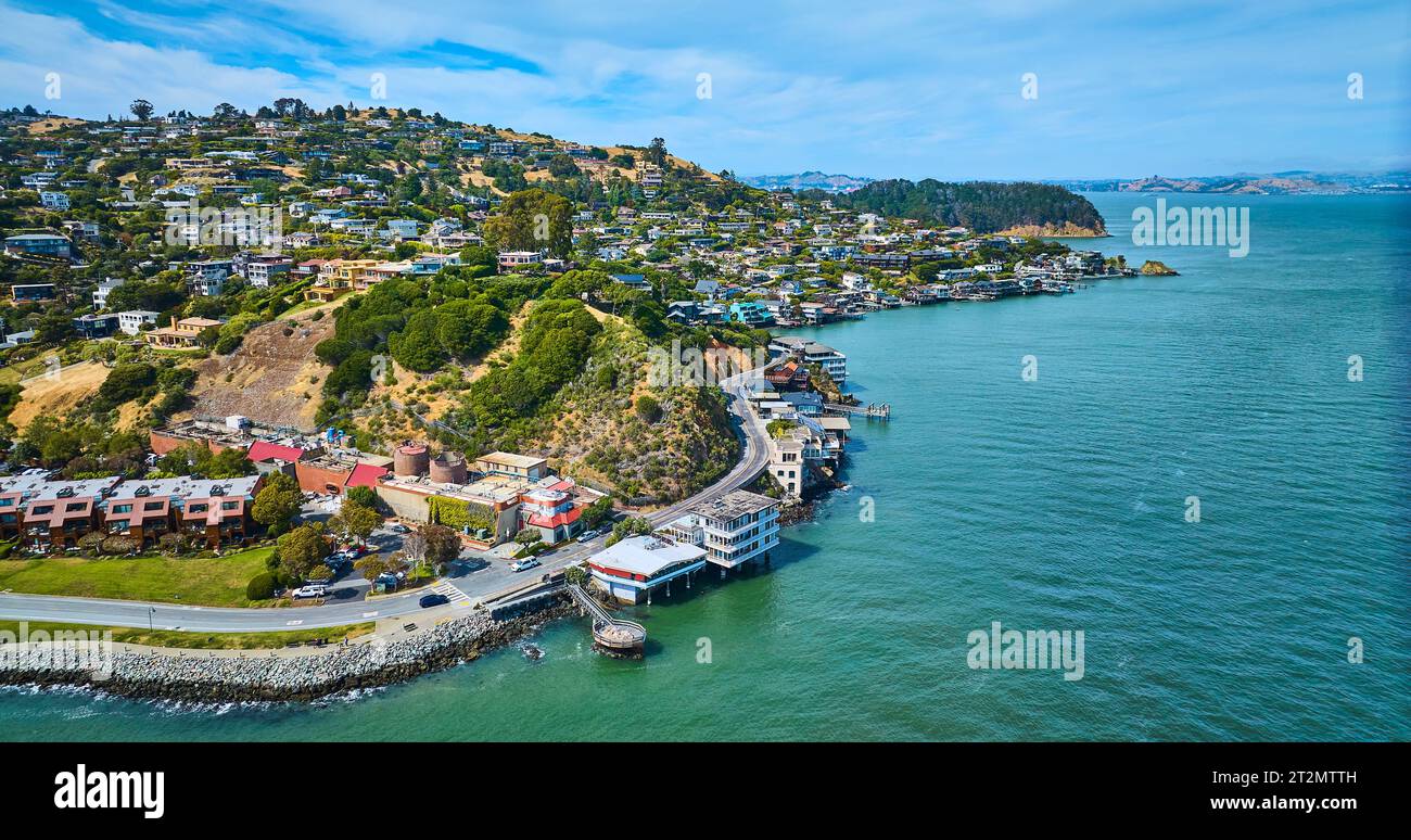 Aerial Tiburon coast with wide view of city and houses around Lyford Cove Stock Photo