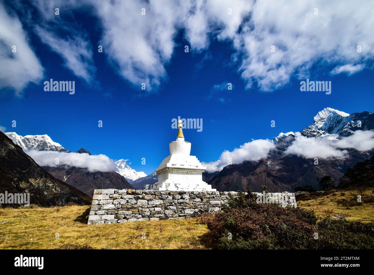 Chorten with Ama Dablam and Mount Everest in the background Stock Photo