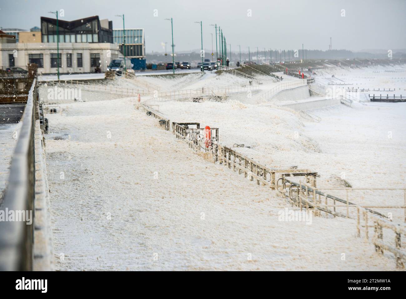 Sea foam covers the shore and promenade on Aberdeen Beach Scotland during Storm Babet.  Credit Paul Glendell / Alamy Live News Stock Photo