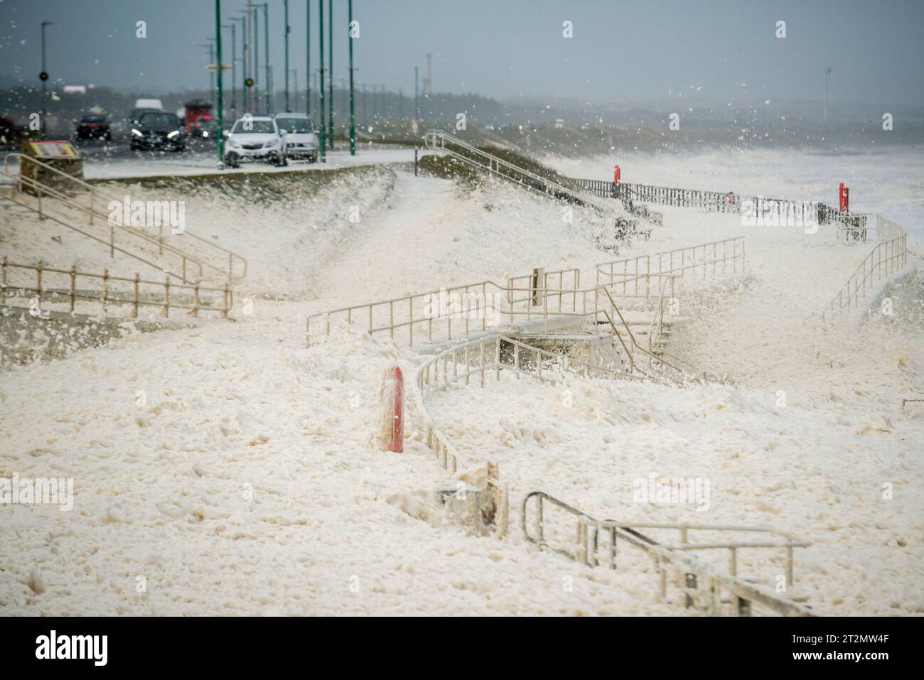 Sea foam covers the shore and promenade on Aberdeen Beach Scotland during Storm Babet.  Credit Paul Glendell / Alamy Live News Stock Photo