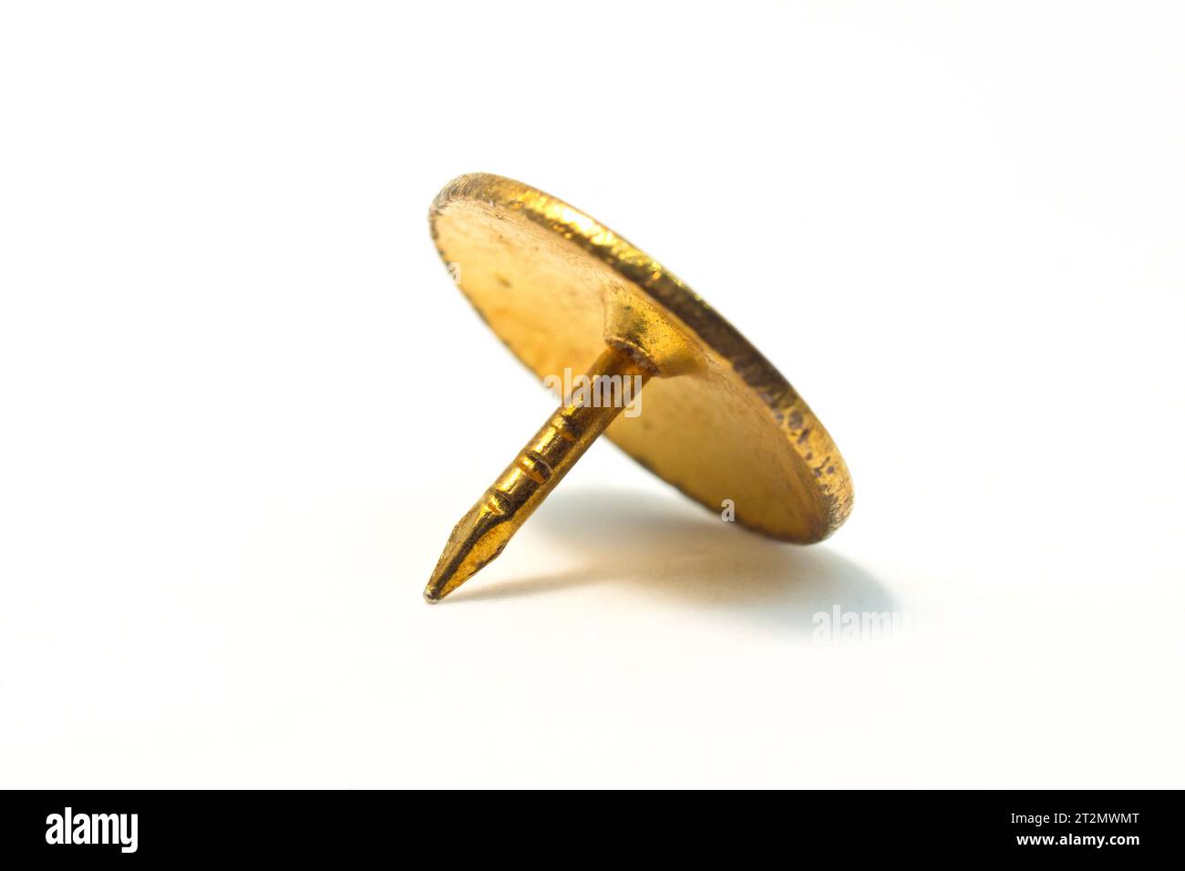 Close up of a single brass drawing pin, push pin or thumb tack, isolated against a white background. Stock Photo