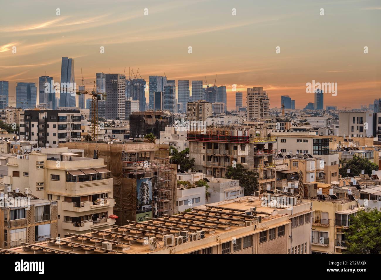 Tel Aviv, Israel - August 16, 2023: Aeriel view of Tel Aviv cityscape skyline at dusk, Israel Stock Photo
