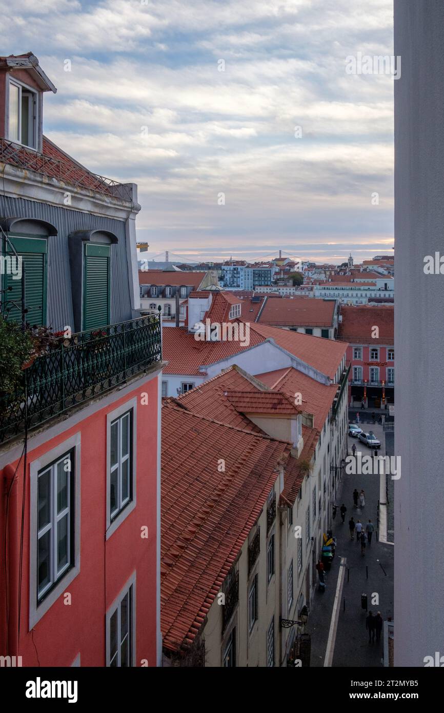 View of the Alfama old town from a rooftop perch in Lisbon, Portugal in October 2023. Stock Photo