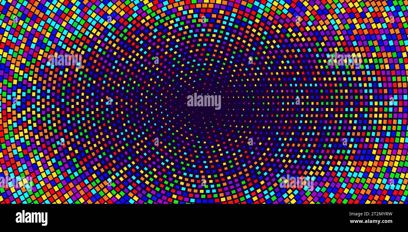 A radial mosaic of rainbow colors made from square tiles that decrease towards the center. Vector tunnel or portal. Abstract pattern on a black backgr Stock Vector