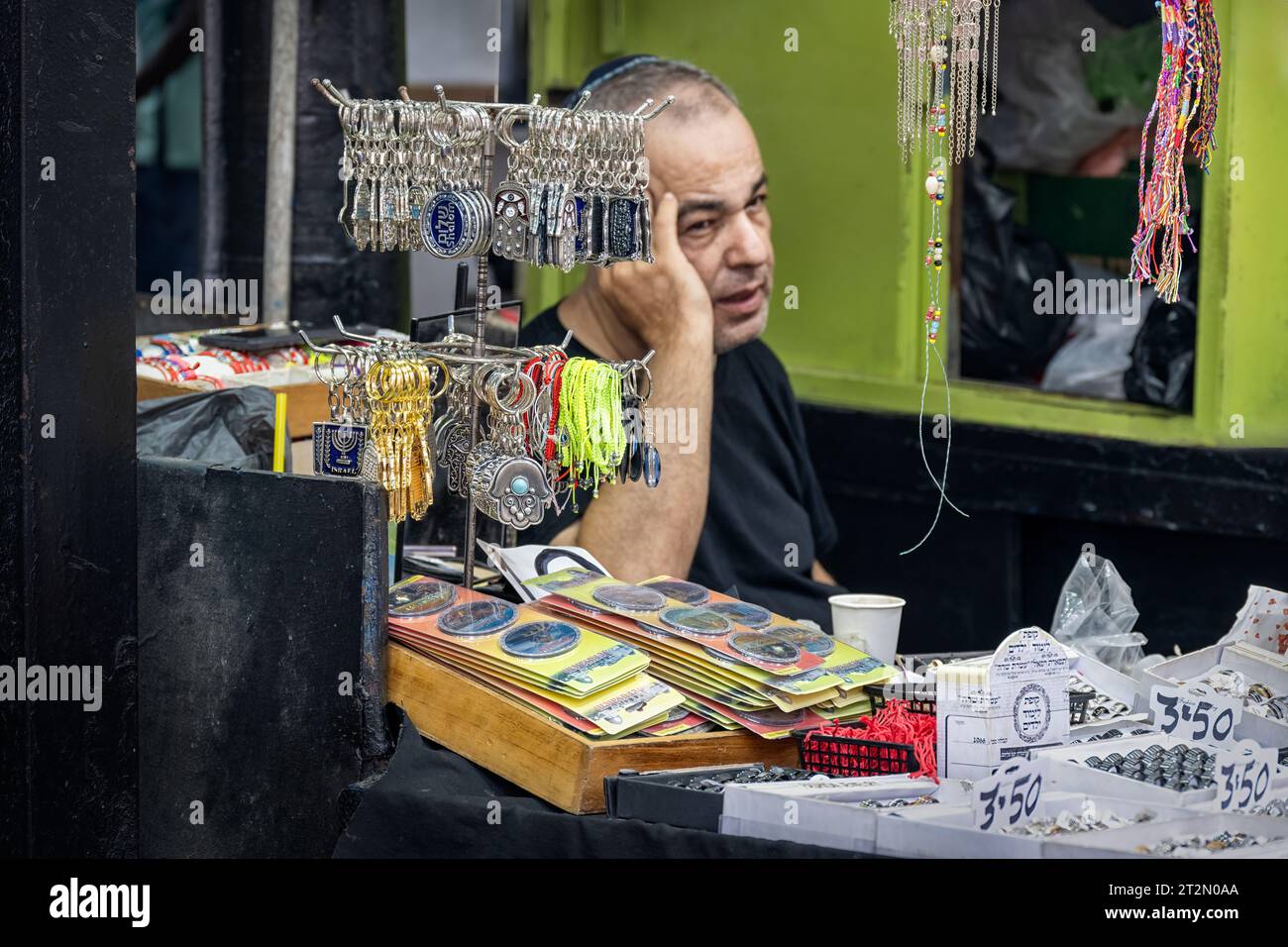 Tel Aviv, Israel August 17, 2023 Vendor of souvenirs and jewelry