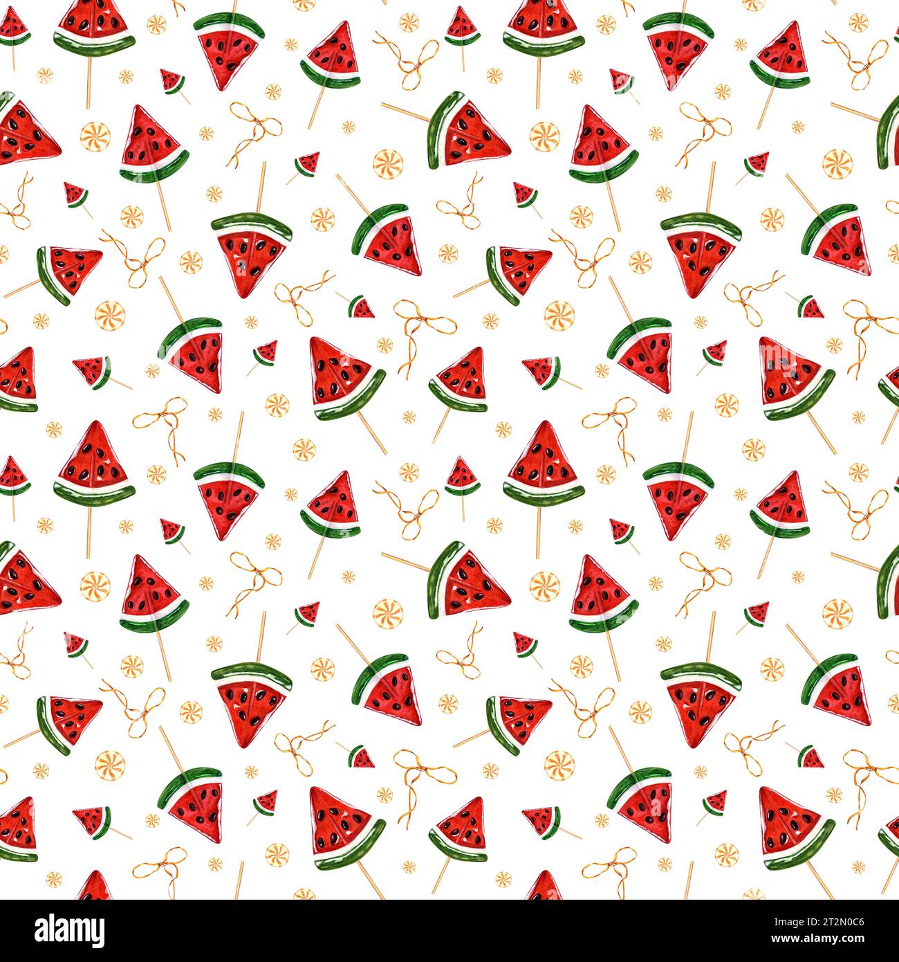 Seamless pattern of caramel watermelon slices, chocolate seeds. Round ...