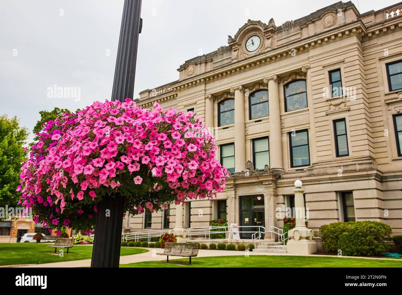 Pretty pink flowers hanging on black pole in front of Auburn courthouse