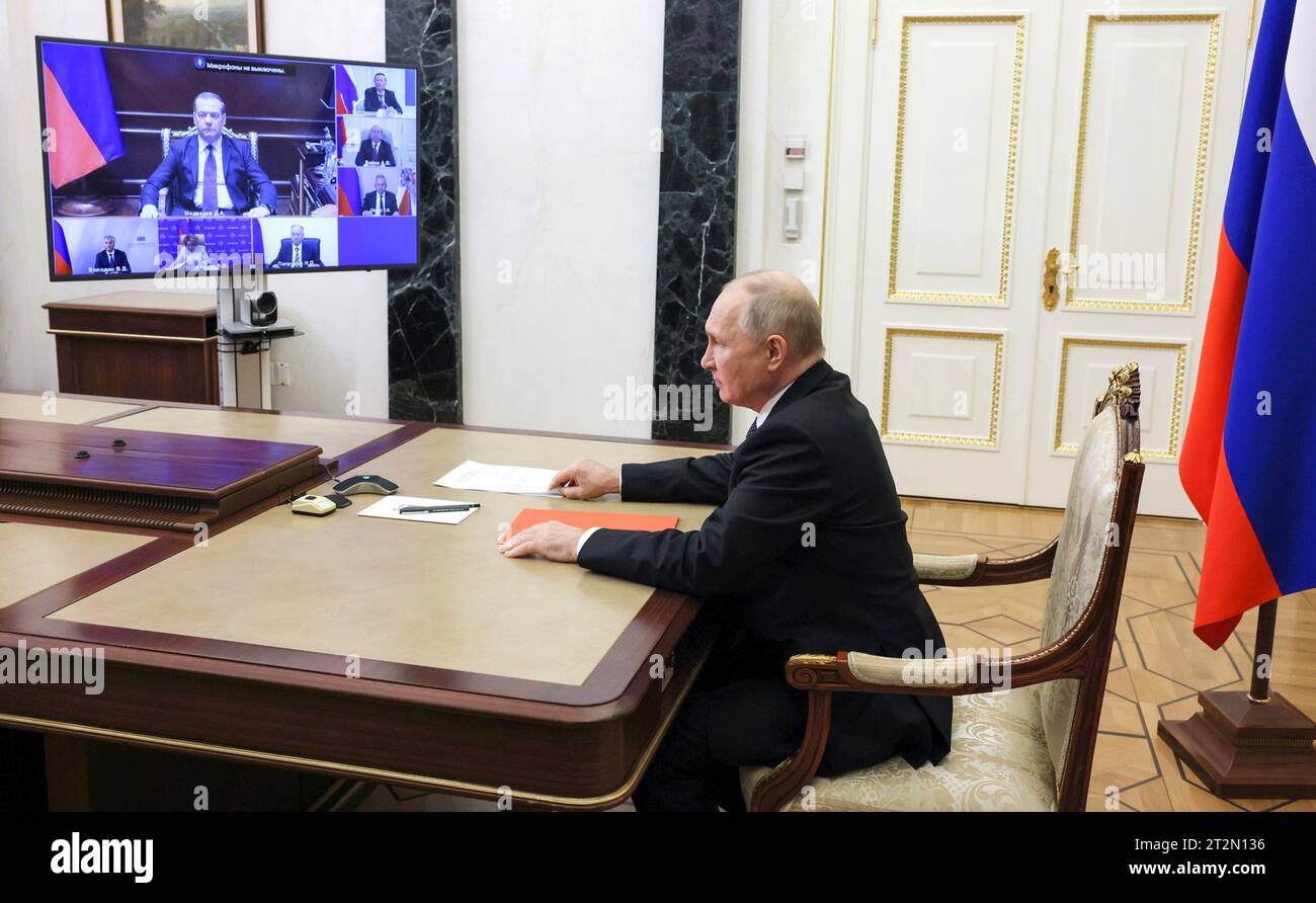 Moscow, Russia. 20th Oct, 2023. Russian President Vladimir Putin chairs a video conference meeting with members of the Security Council from the Kremlin, October 20, 2023 outside Moscow, Russia. Credit: Gavriil Grigorov/Kremlin Pool/Alamy Live News Stock Photo