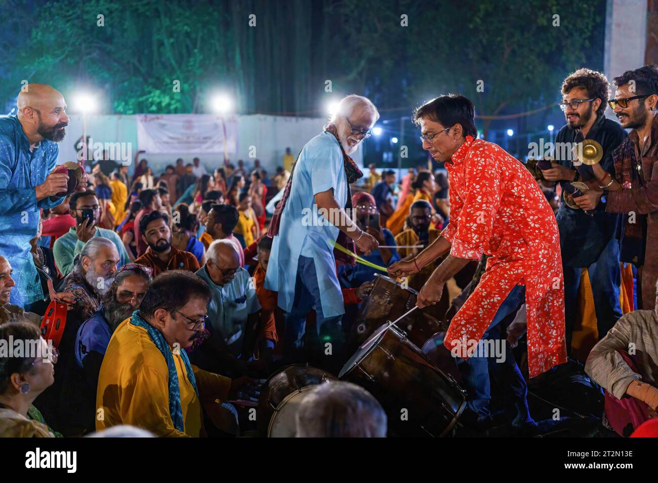 Vadodara, India. 17th Oct, 2023. A band is seen playing traditional Indian instruments during the Navratri festival. The Hindu Navratri Festival, lasting 9 nights, is celebrated every year in October all over northern India, especially in the state of Gujarat, to honor the goddess Durga and to celebrate the victory of good over evil. People gather in open grounds to perform together the traditional Garba dance wearing traditional Indian kurta and sari dresses. (Credit Image: © Davide Bonaldo/SOPA Images via ZUMA Press Wire) EDITORIAL USAGE ONLY! Not for Commercial USAGE! Stock Photo