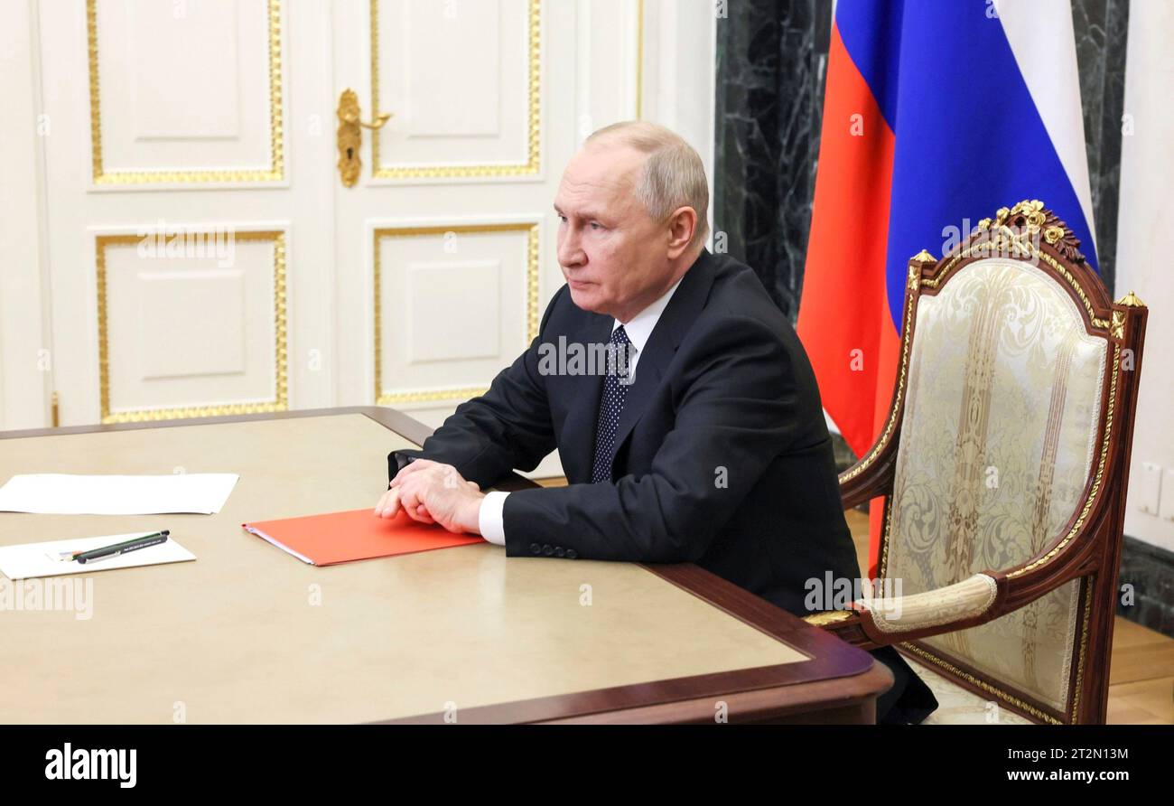 Moscow, Russia. 20th Oct, 2023. Russian President Vladimir Putin chairs a video conference meeting with members of the Security Council from the Kremlin, October 20, 2023 outside Moscow, Russia. Credit: Gavriil Grigorov/Kremlin Pool/Alamy Live News Stock Photo