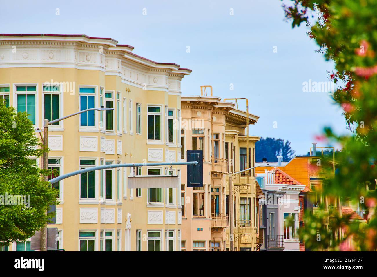 Upper view of large apartment buildings with bay windows and fire ...