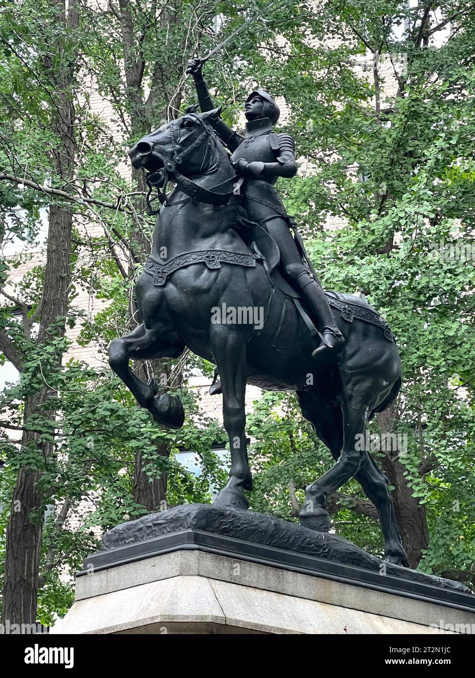 Statue of Joan of Arc erected in 1915 by the Joan of Arc Statue Committee in Joan of Arc Park at Riverside Drive and 93rd Street on the Upper West Side of Manhattan, NY City. Stock Photo