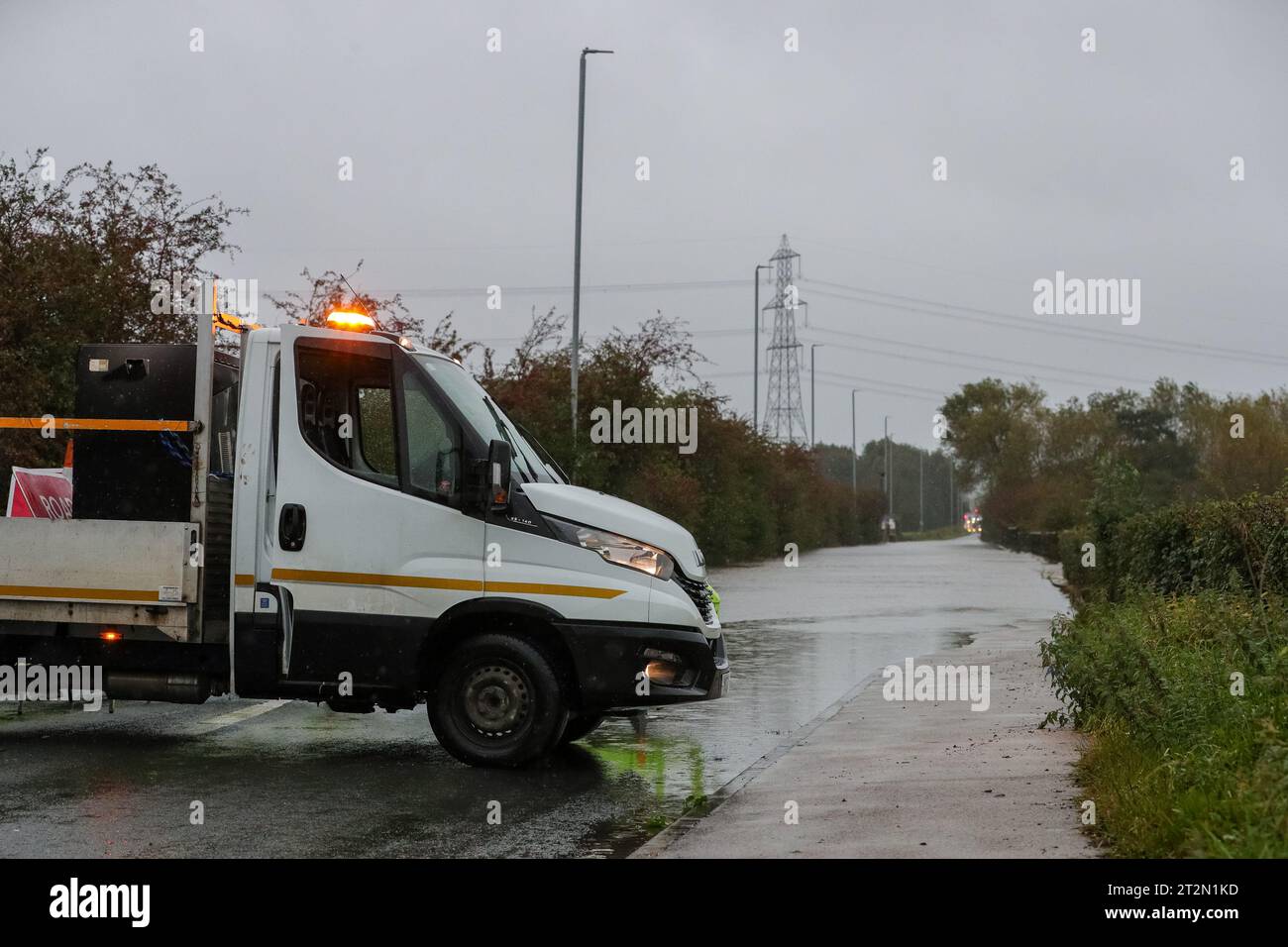 Allerton Bywater, UK. 20th Oct, 2023. A road is blocked off to protect people from entering Barnsdale Road in Leeds after the River Aire burst it's banks as Storm Babet batters the UK at Allerton Bywater, Allerton Bywater, United Kingdom, 20th October 2023 (Photo by James Heaton/News Images) in Allerton Bywater, United Kingdom on 10/20/2023. (Photo by James Heaton/News Images/Sipa USA) Credit: Sipa USA/Alamy Live News Stock Photo
