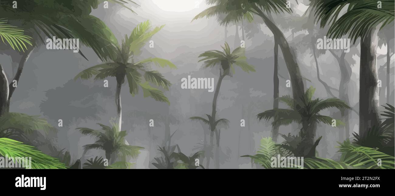 Tropical foggy forest with palm trees and green leaves. Banner for the ...