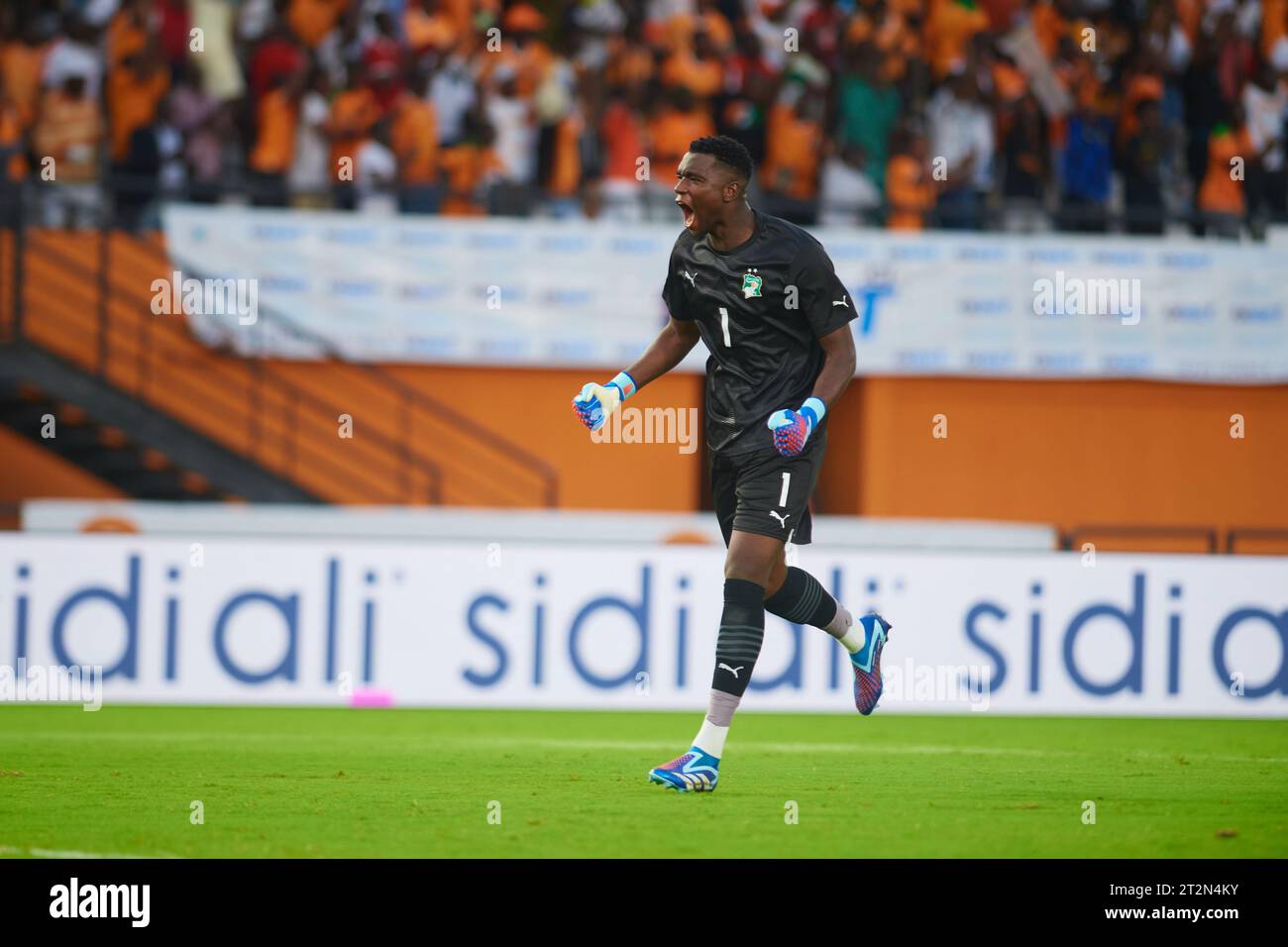 Ivorian goalkeeper Fofana Yahia happy after his team's goal. Stock Photo