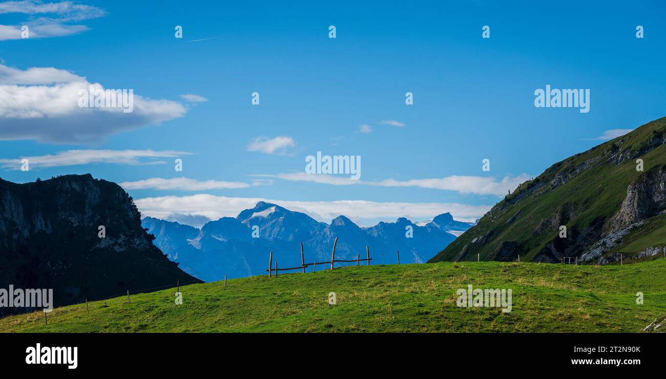 Panoramic view from Fronalpstock of the Swiss mountains on Lake Lucerne. Stock Photo