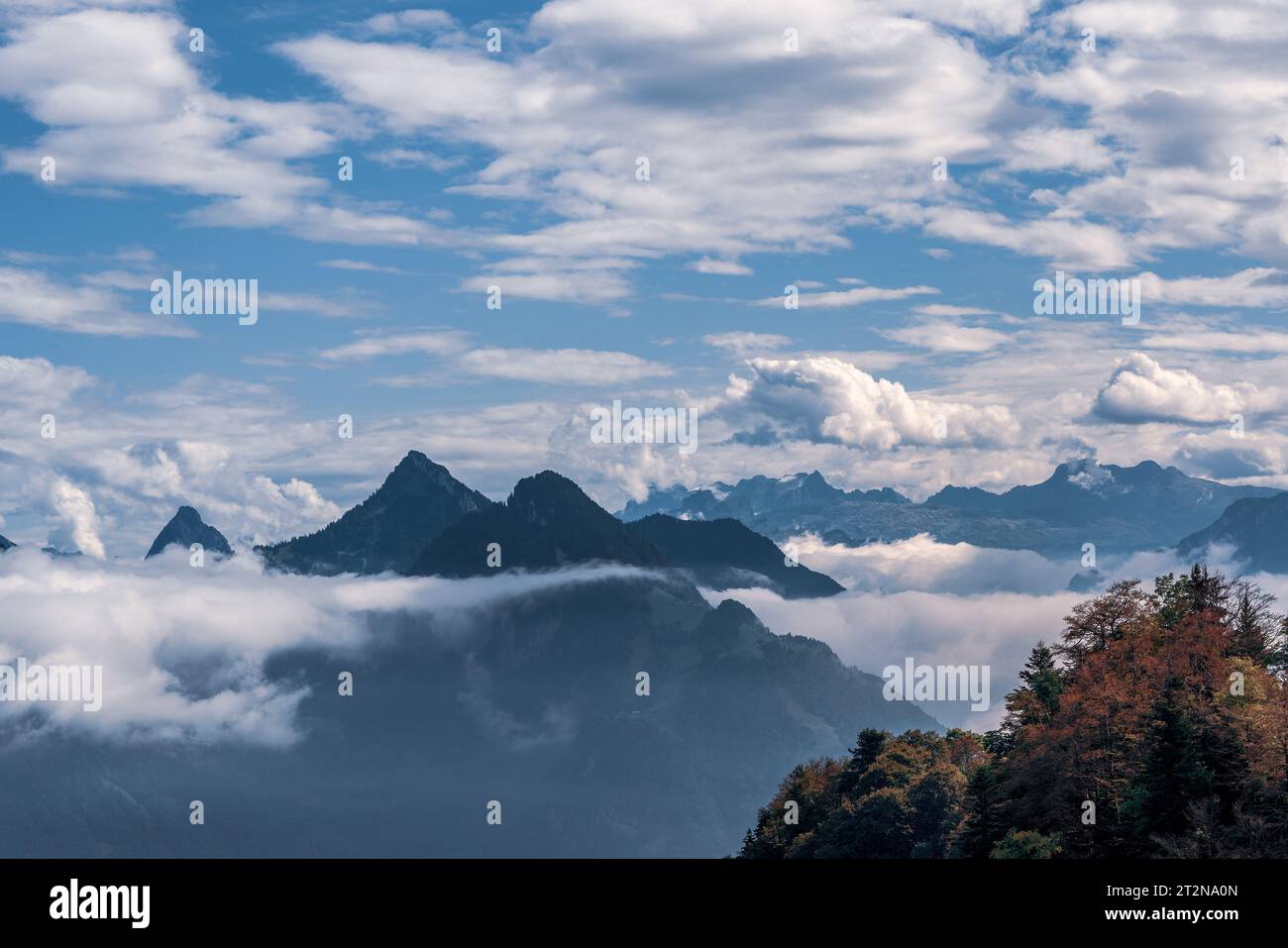 Panoramic view of the mountains at Lake Lucerne in Switzerland. Stock Photo