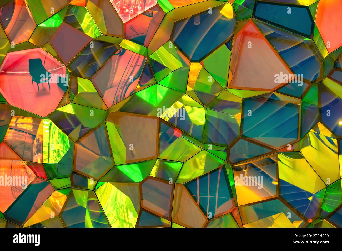 Colorful glass installation in the lobby of One State Street, New York City, designed by SOFTLab. Stock Photo